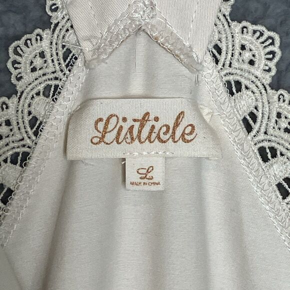 Listicle Lace Overall Maxi Dress Women's Size L Cream Boho Chic Tiered Pinafore - Picture 2 of 7